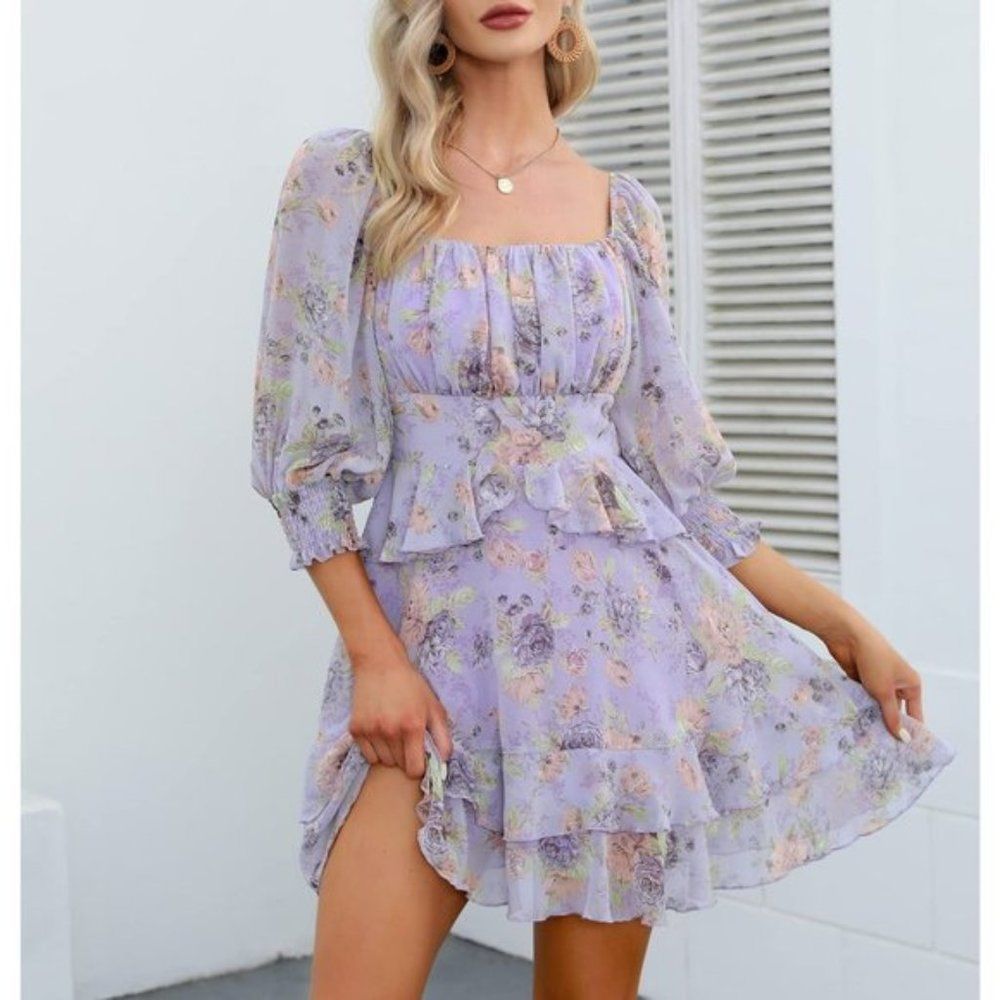 𝅺Womens Floral Ruffle Summer Dress Purple